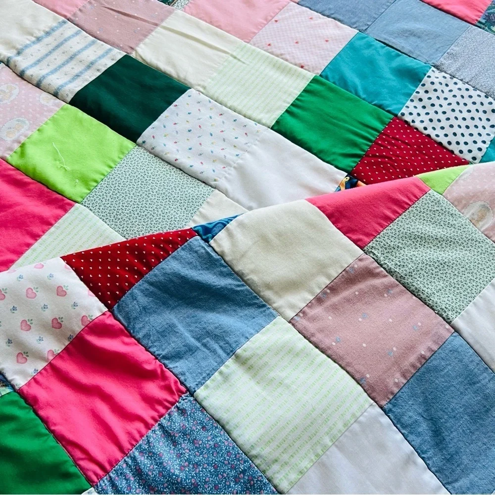 65”x92” Vintage 70’s Patchwork Crazy Squares Cotton Quilt.